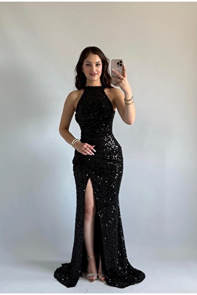 ayşenur Dinçer butik Donatella Yırtmaçlı Abiye Siyah