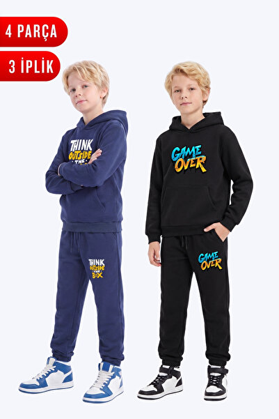 FYK KİDS 3 Thread Printed Winter Kangaroo Pocket Hooded Boys' 2-Piece Tracksu...