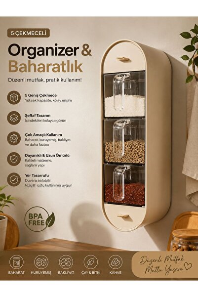 QesQin Çok Amaçlı 5 Bölmeli Çekmeceli Baharatlık & Mutfak Düzenleyici Organizer