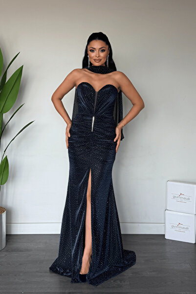giyimmasalı Jakar Fabric Strapless Evening Dress with Shawl Detail - Dark Blue