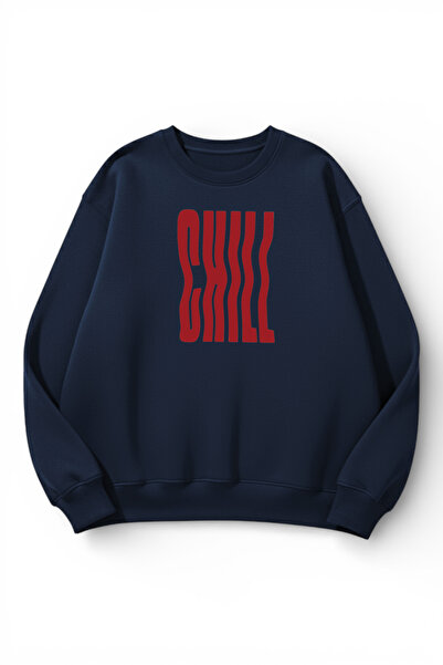 uyguntarz Unisex Soft Textured Chill Printed Design Oversize 3 Thread Crew Ne...