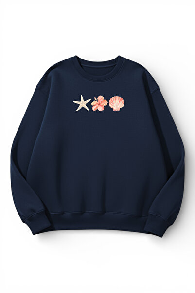 uyguntarz Unisex Soft Textured Oyster Printed Design Oversize 3 Thread Crew N...