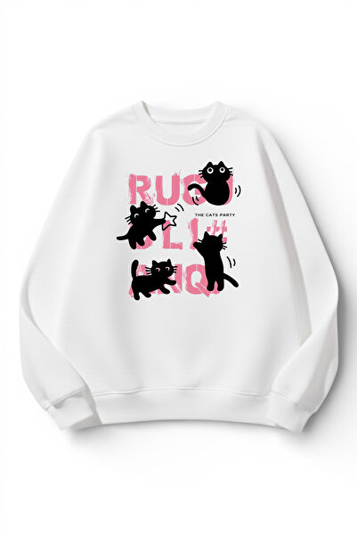 uyguntarz Unisex Soft Textured Cat Chaos Printed Design Oversize 3 Thread Cre...