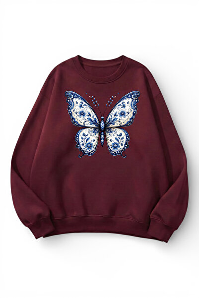 uyguntarz Unisex Soft Textured Butterfly Printed Design Oversize 3 Thread Cre...