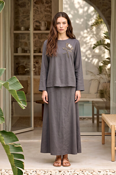 Lale Butik Tunic Stone Embroidered Linen Suit with Skirt 4505 Anthracite