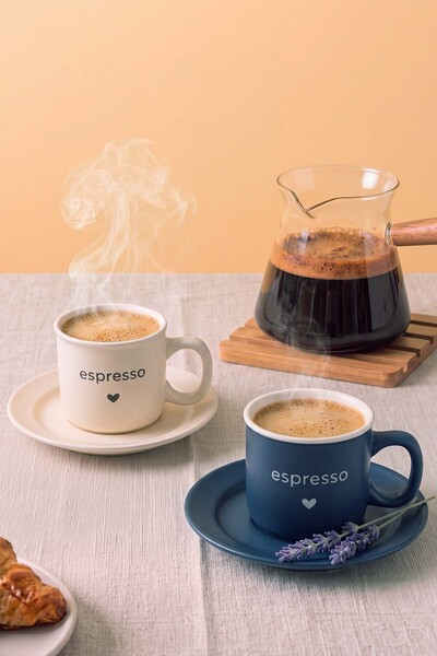 Rivaİstanbul Mono Cream & Blue 2-Person Coffee Cup Set - 4 Pieces