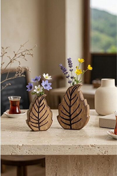 OAKY Life 2’li Ceviz Rengi Doğal Ahşap Yaprak Dekoratif Biblo Seti – Modern K...
