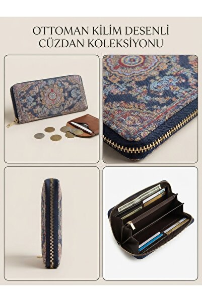 İkonio Otantik Kilim Desenli Fermuarlı Büyük Boy Cüzdan