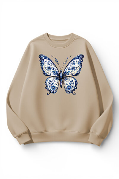 uyguntarz Unisex Soft Textured Butterfly Printed Design Oversize 3 Thread Cre...