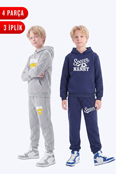 FYK KİDS 3 Thread Printed Winter Kangaroo Pocket Hooded Boys' 2-Piece Tracksu...