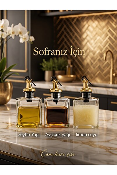 Trend Home Life Lüks Gold Başlıklı 200 ml Kare Cam Yağlık & Sosluk - Sızdırmaz Damlatmaz Yağdanlık Sirkelik
