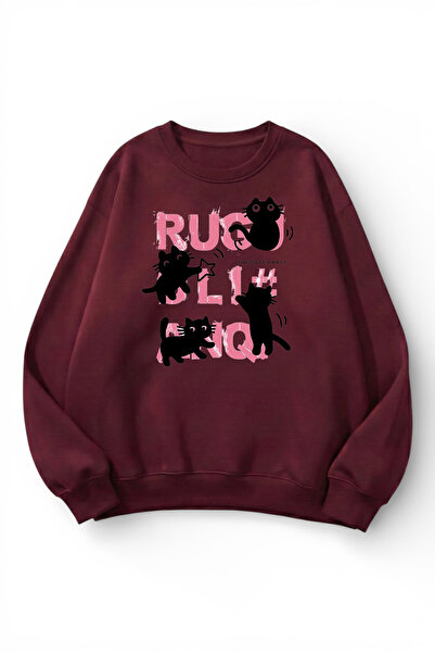uyguntarz Unisex Soft Textured Cat Chaos Printed Design Oversize 3 Thread Cre...