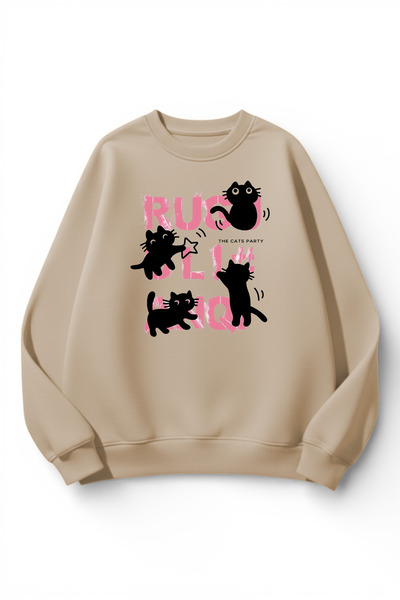 uyguntarz Unisex Soft Textured Cat Chaos Printed Design Oversize 3 Thread Cre...