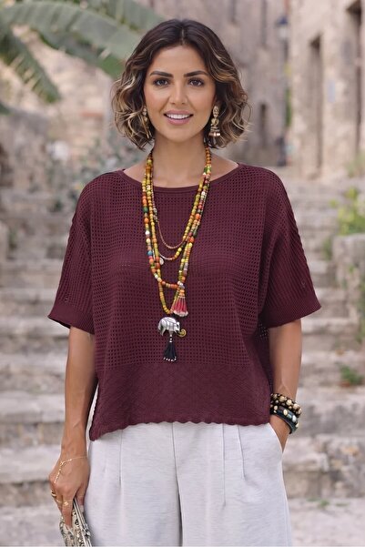Nevin Kaya Moda Plum Color Openwork Mercerized Knitwear Blouse