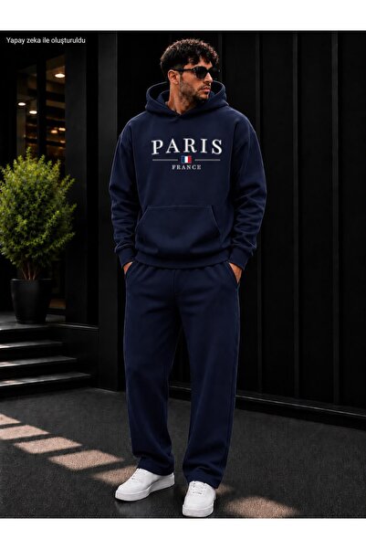 caddekombin Men's Paris France Printed Tracksuit Set / Hooded Sweatshirt and ...