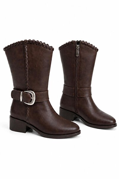 Solo Bag Women's Brown Leather Ankle Buckle Detailed Belted Short Thick Heele...