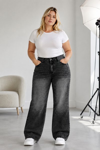SHEVEGA Women's Plus Size Smoked Embroidered Back Elasticated Pipe Leg Denim Trousers