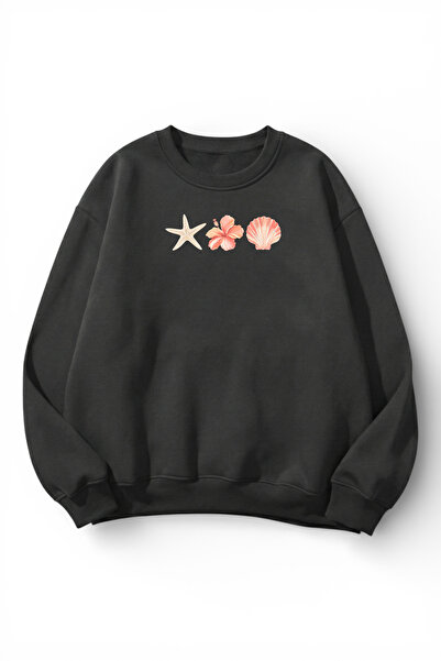 uyguntarz Unisex Soft Textured Oyster Printed Design Oversize 3 Thread Crew N...