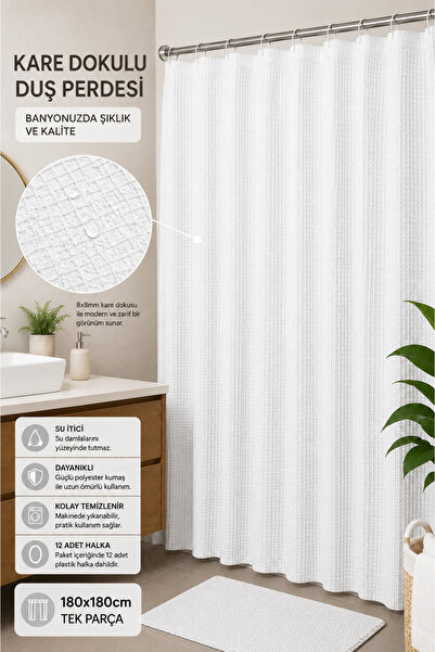 Binbirreyon Ultraproff Fabric Bathroom Curtain 180X180Cm 12 Hooks Included Po...