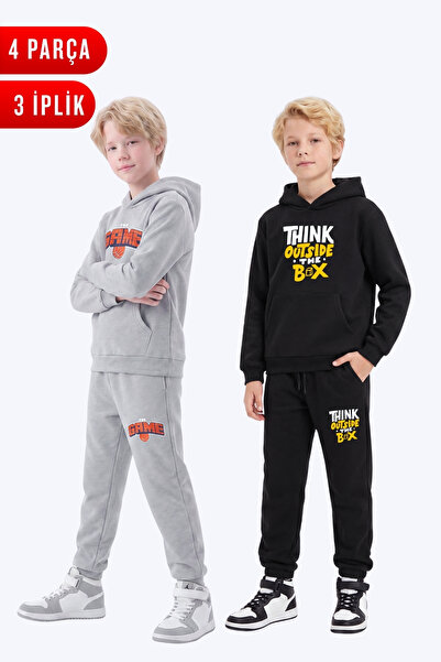 FYK KİDS 3 Thread Printed Winter Kangaroo Pocket Hooded Boys' 2-Piece Tracksu...