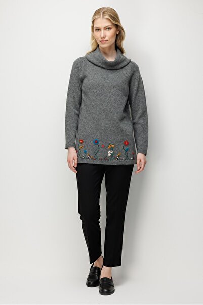 Desen Triko Women's Degaje Collar Skirt Floral Embroidered Wool Sweater Smoked