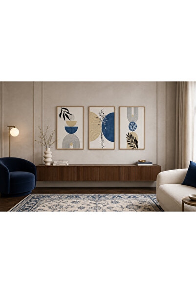 RDEKOR Lacivert Geometrik Formlar ve Botanik Yapraklar Temalı Modern 3'lü Set...