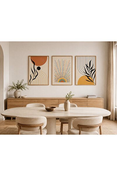 RDEKOR Colorful Sun Rays and Botanical Leaves Themed Modern Set of 3 Decorati...