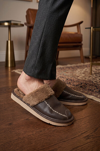 CEYDA SHOES Men's Fur-Lined Non-Slip Sole Home Slippers with Sewing Details