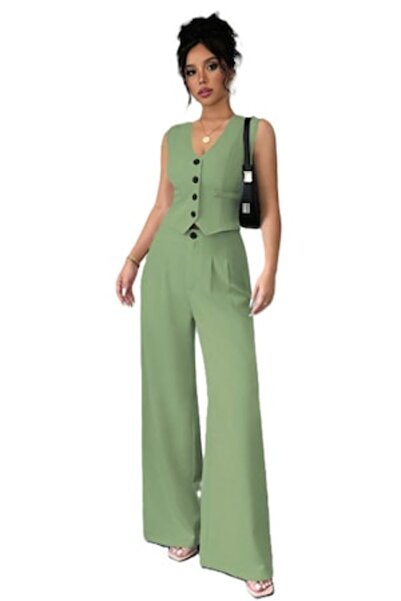 StreetWear Outlet Set de damă, elegant, vestă și pantaloni, verde mentă, L