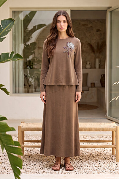 Lale Butik Tunic Stone Embroidered Skirted Linen Suit 4505 Brown