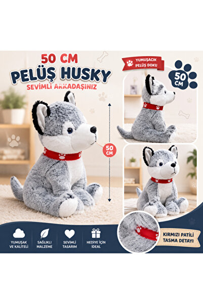 SUDESA OYUNCAK 50 cm Plush Husky Dog Soft Sitting Cute Dog Toy with Red Colla...