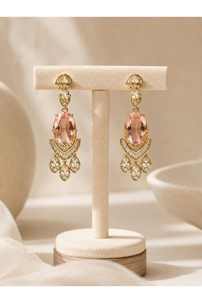 Art Deco Pudra Taşlı Gold Küpe
