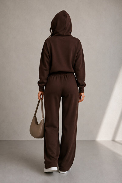 LEONE KOLEKSİYON Women's Hooded Modal Set Oversize Top Wide Leg Pants
