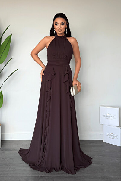 giyimmasalı Chiffon Fabric Halter Neck Dress with Ruffle Detail - Brown
