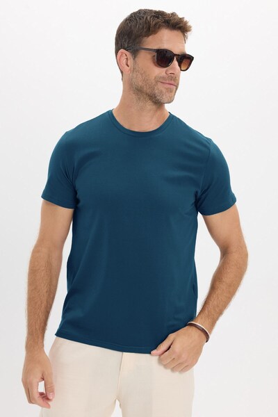Tudors Men's Slim Fit Cotton Soft Texture Flexible Fabric Basic Petrol Blue C...