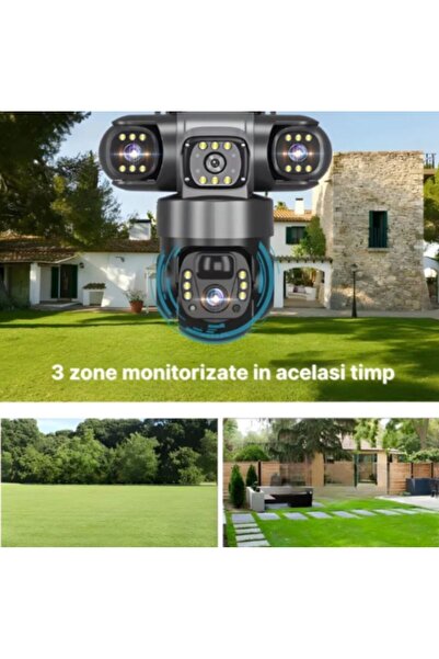 Security Cameră 4G cu 3 lentile și panou solar, rezoluție 6MP, 360 °   Vedere, iluminare LED și energie solară