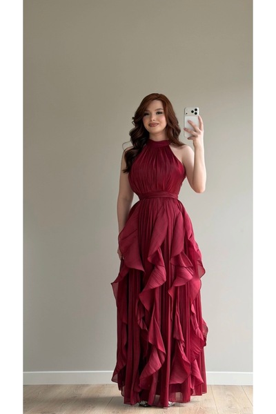 ayşenur Dinçer butik Tutku Fırfırlı Elbise Bordo