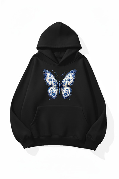 uyguntarz Unisex Soft Textured Butterfly Printed Design Oversize 3 Thread Hoo...