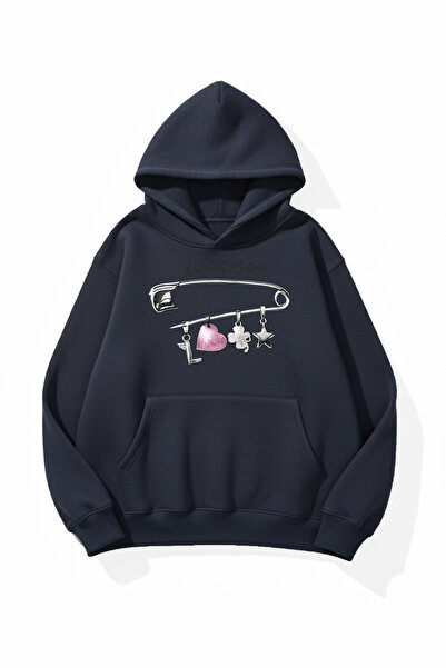 uyguntarz Unisex Soft Textured Luck Printed Design Oversize 3 Thread Hoodie S...