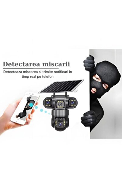Security Cameră 4G cu 3 lentile și panou solar, rezoluție 6MP, 360 °   Vedere, iluminare LED și energie solară