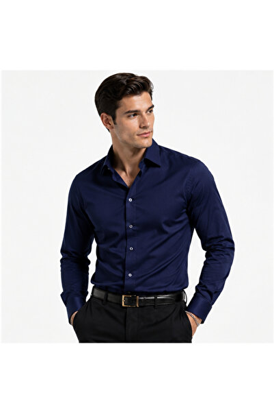 AYG Erkek Lacivert Gömlek Slim Fit Uzun Kollu Klasik Yaka Modern Kesim Özel P...