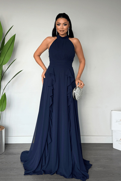 giyimmasalı Chiffon Fabric Halter Neck Dress with Flounce Detail - Dark Blue