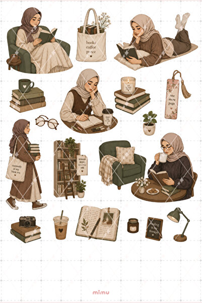 Mimu Art Studio Kitap Kurdu Sticker Seti Kitap Okuma ve Kahve Keyfi Temalı De...