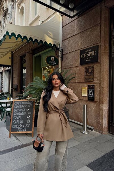 TANISA Toprak London Wide Collar Belted Short Trench Coat Tns-3314