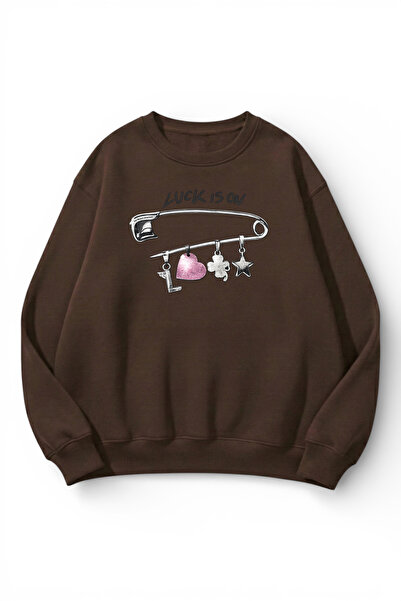uyguntarz Unisex Soft Textured Luck Printed Design Oversize 3 Thread Crew Nec...