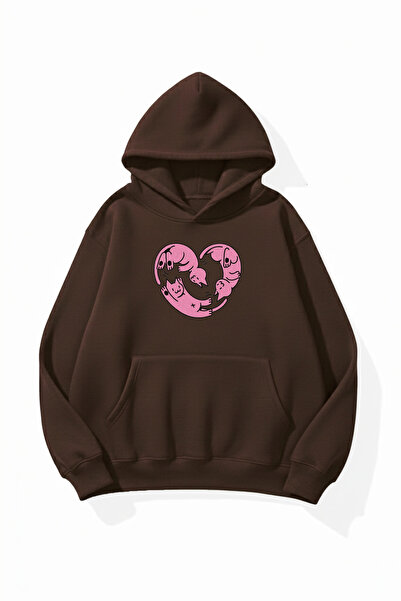 uyguntarz Unisex Soft Textured Cat Heart Printed Design Oversize 3 Thread Hoo...