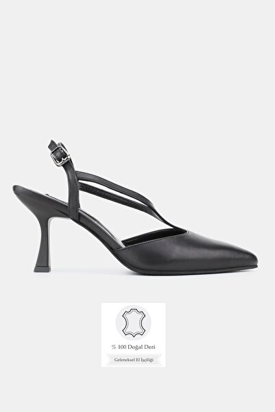 TUNAELLİ Women's Black Genuine Natural Leather 35-41 Size Heel-Style Open Bac...