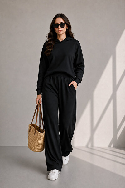 LEONE KOLEKSİYON Women's Hooded Modal Set Oversize Top Wide Leg Pants