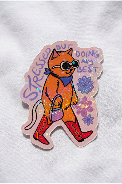 Plumie Stressed But Doing My Best Hologramlı Laminasyonlu Komik Kedi Sticker ...