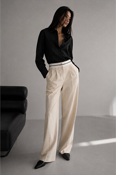 DI LORIA Women's Beige High Waist Belt Detailed Palazzo Trousers